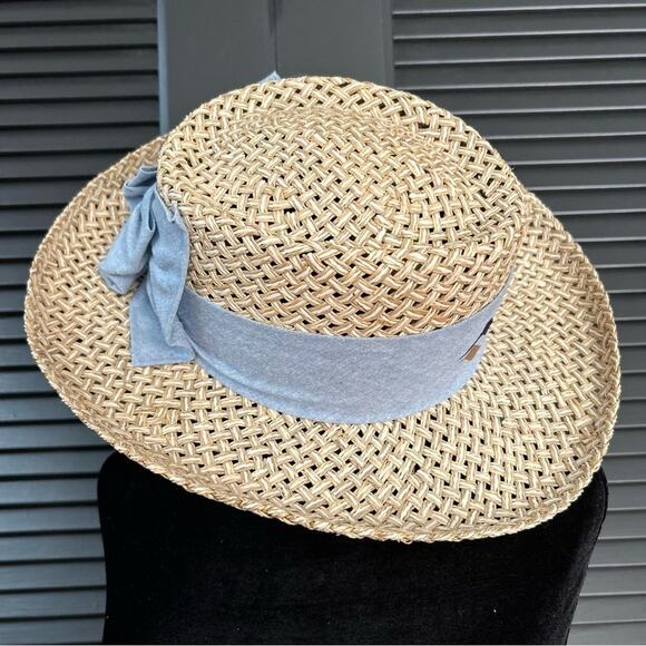 Imperial “Vail” Straw Hat in White and Tan with Blue Chambray Band and Bow, OSFM - Picture 1 of 10